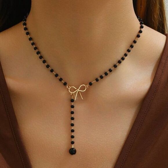 Black Beaded bow Necklace A1392 - Picture 1 of 5